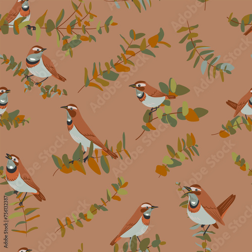vector drawing seamless pattern with birds and tree branches with leaves, hand drawn bluethroats, nature cover design