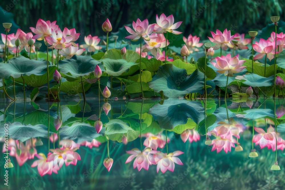 Fototapeta premium Panoramic view of a field of blooming lotus flowers in a tranquil pond.