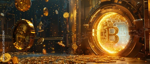 3D backdrop of a vault door opening to a digital realm filled with gold and cryptocurrency symbols