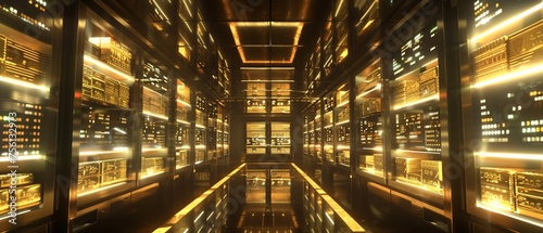 3D backdrop of a vault filled with gold bars and digital screens showing real-time market data