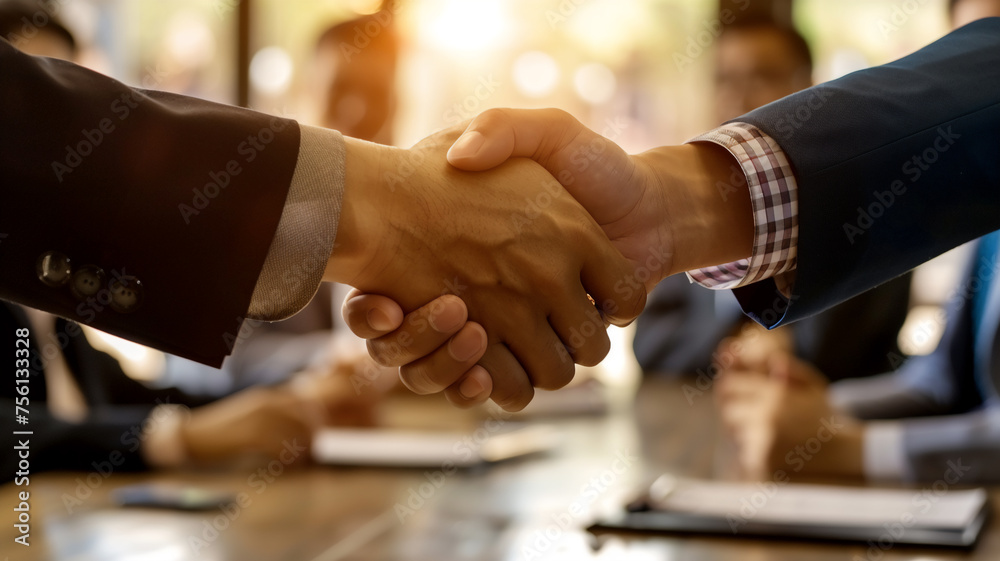 Two men shake hands in a business meeting. Scene is professional and formal. The handshake symbolizes agreement and trust between the two men. Businessman in success teamwork, cooperation partnership. Two men shake hands in a business meeting. Scene is professional and formal. The handshake symbolizes agreement and trust between the two men. Businessman in success teamwork, cooperation partnership.