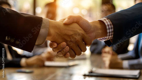 Two men shake hands in a business meeting. Scene is professional and formal. The handshake symbolizes agreement and trust between the two men. Businessman in success teamwork, cooperation partnership.