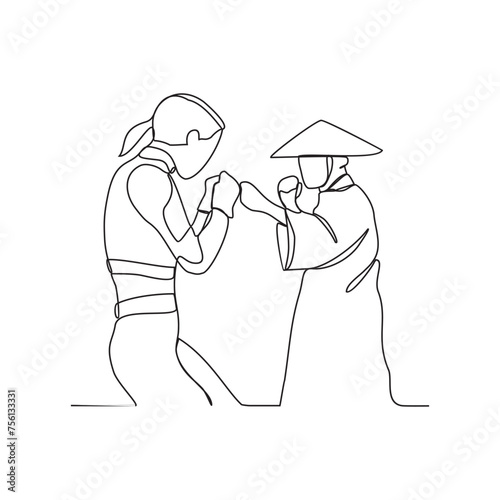 One continuous line drawing of the Chinese fighter is fighting using his kung fu moves vector illustration. Chinese kung fu fighter activity illustration in simple linear style vector design concept.