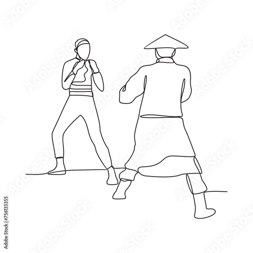 One continuous line drawing of the Chinese fighter is fighting using his kung fu moves vector illustration. Chinese kung fu fighter activity illustration in simple linear style vector design concept.
