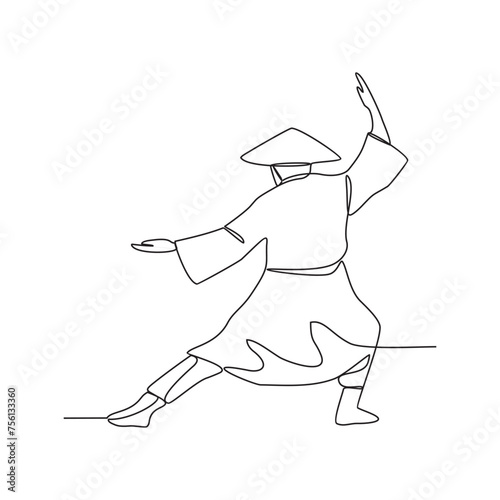 One continuous line drawing of the Chinese fighter is fighting using his kung fu moves vector illustration. Chinese kung fu fighter activity illustration in simple linear style vector design concept.