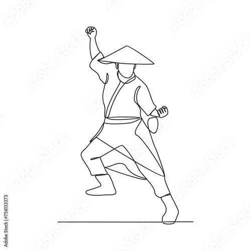One continuous line drawing of the Chinese fighter is fighting using his kung fu moves vector illustration. Chinese kung fu fighter activity illustration in simple linear style vector design concept.