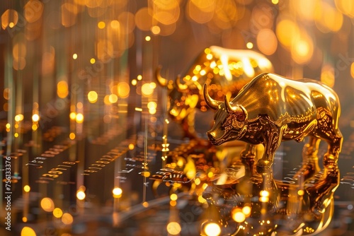 Golden bull and bear statues on a digital financial chart background