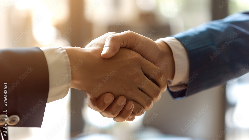 Two men shake hands in a business meeting. Scene is professional and formal. The handshake symbolizes agreement and trust between the two men. Businessman in success teamwork, cooperation partnership.