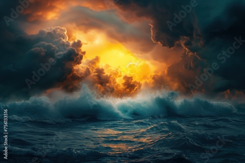 Dramatic ocean scene with powerful waves and a majestic sunset among storm clouds