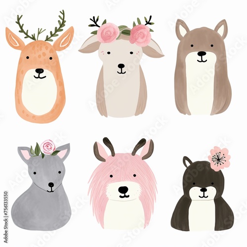 Watercolor woodland party animals with floral crowns
