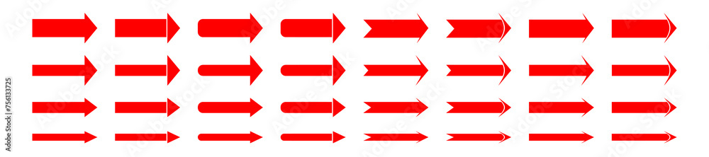 arrows red icon set isolated on white background. flat stright consist of 32 arrow sign with some rounded rectangle on the body arrows red icon set isolated on white background. flat stright consist of 32 arrow sign with some rounded rectangle on the body