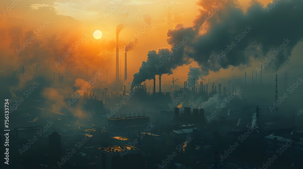 Golden Sunrise Over Steel Factory An Aerial Perspective of Industrial Development and Air Pollution