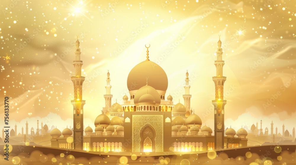 Golden mosque illustration: vibrant background for eid mubarak celebration