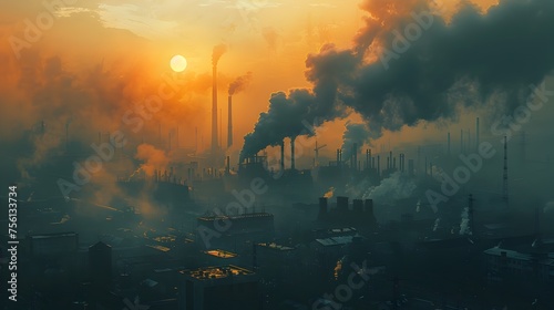 Golden Sunrise Over Steel Factory An Aerial Perspective of Industrial Development and Air Pollution