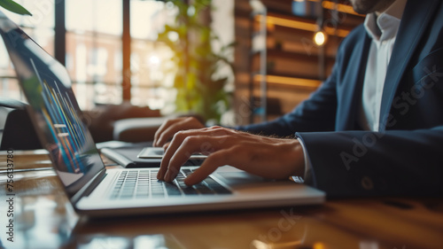 A man is typing on a laptop with a blue screen behind him. The blue screen has a lot of numbers and lines, which suggests that the man is working on a complex project or analyzing data, forex, stock.