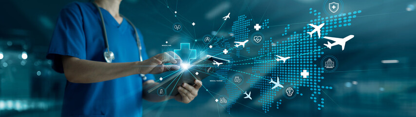 Medical Hub and Medical tourism concept, Health and international medical travel insurance. A center for health care from all over the world, Healthcare and medicine on global network.