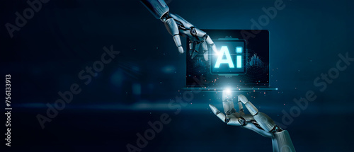 AI, Machine learning, Advances in AI technology that will change human society in the future, including lifestyle and business. Robot hands touch big data on global network. Artificial intelligence. © ipopba
