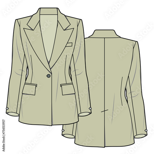 Ladies single breasted blazer front and back view technical flat drawing vector template