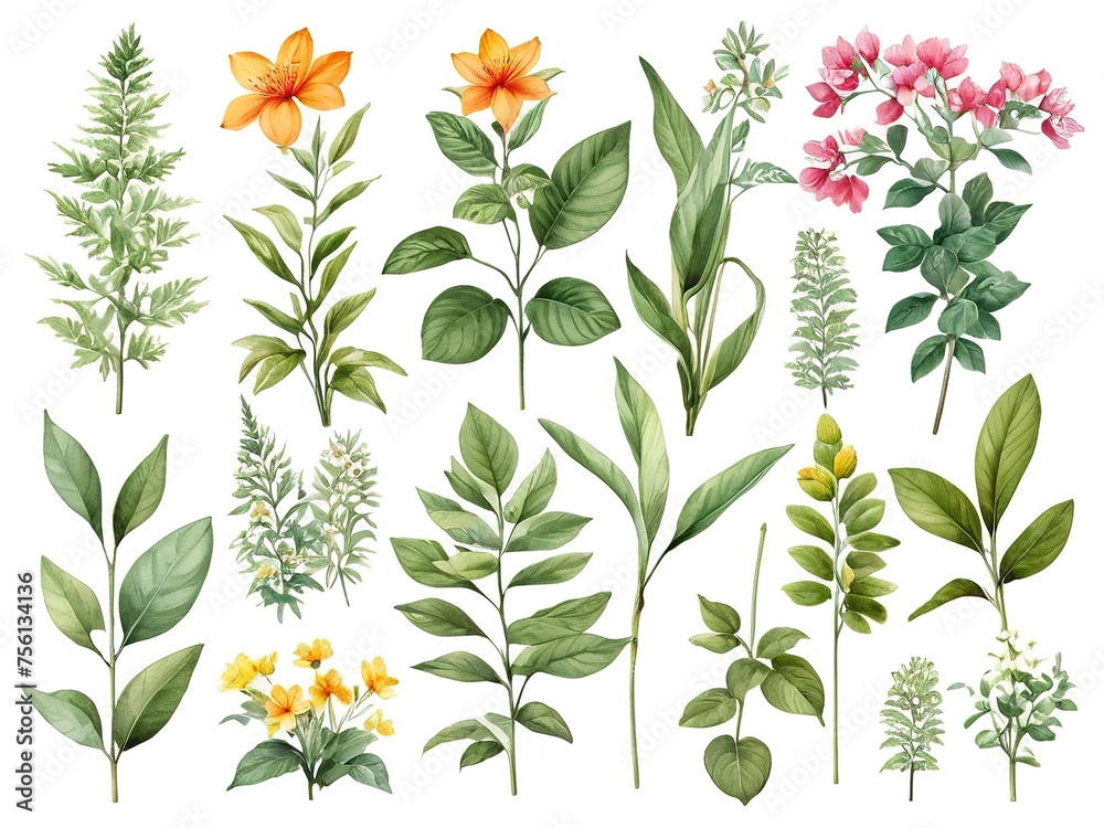 Set of hand drawn watercolor herbs and flowers. Vector illustration.