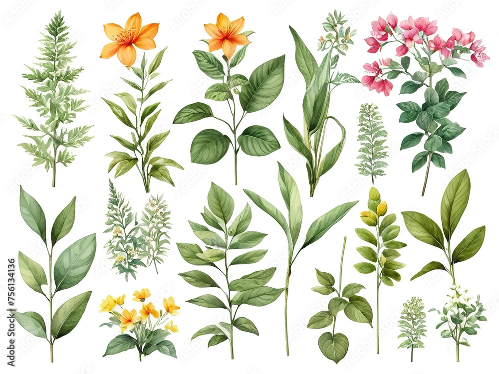 Set of hand drawn watercolor herbs and flowers. illustration. Set of hand drawn watercolor herbs and flowers. illustration.