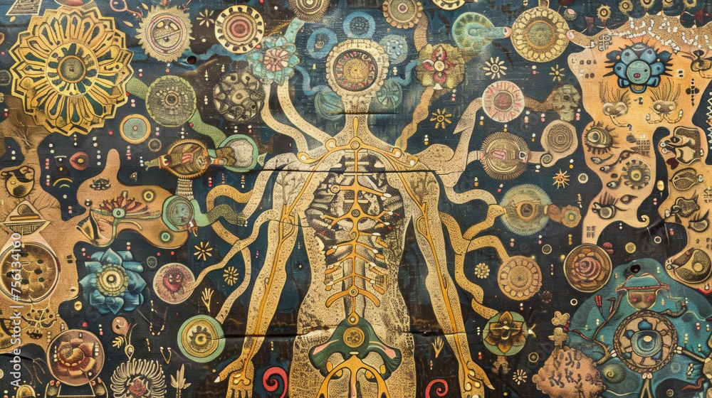 An extreme closeup of an intricate illustration depicting the human bodys energy centers as described in Ayurvedic texts.