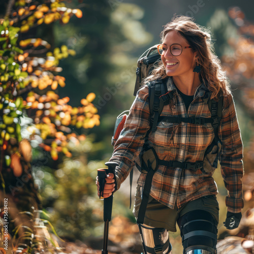 Young woman hiker with a prosthetic leg traveling through wild autumn nature, tranquil and adventurous atmosphere. Vacation and tourism concept photo