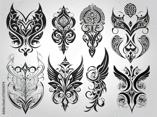 Vector set of ornate floral elements for tattoo design. Black and white