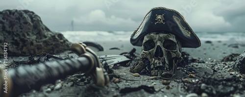 Swashbucklers final rest Skull with a captains hat and sword on the shore photo