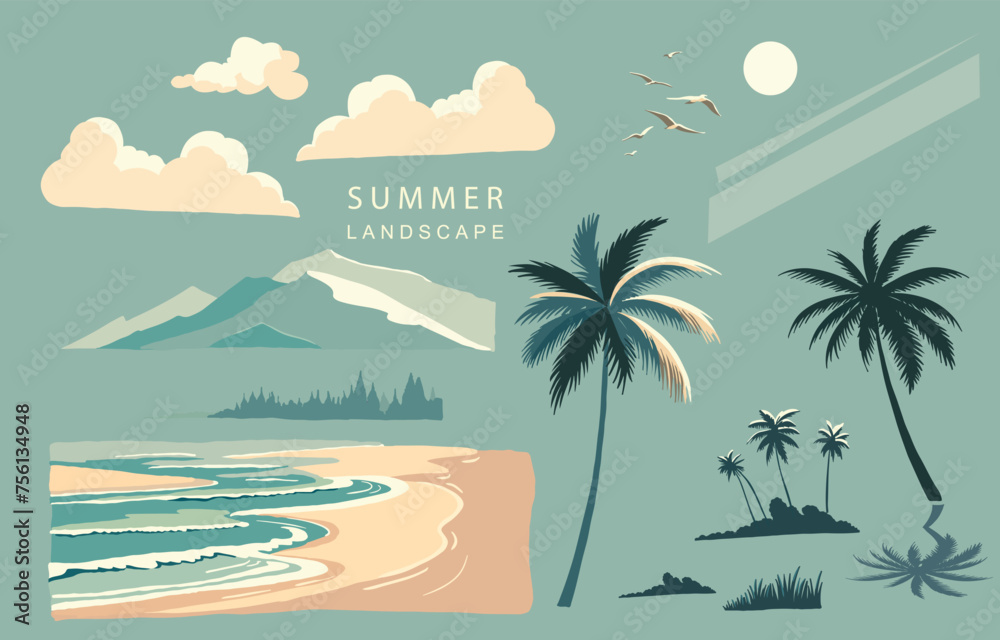 beach elements with sea,sand,sky.illustration vector for a4 page design