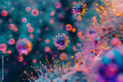Artistic image of lively virus particles under a microscope. © wpw