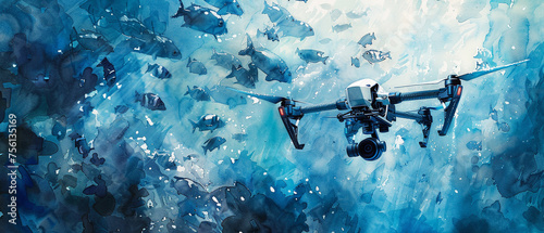 A watercolor Underwater drone amidst a school of fish photo