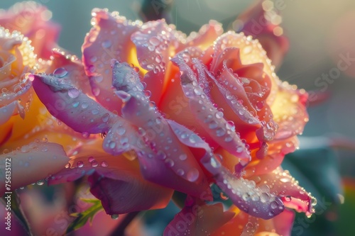 A mesmerizing close-up of a rose kissing the morning dew.