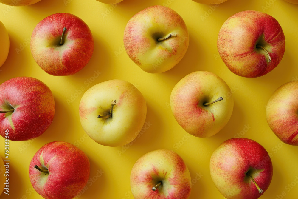 Pattern of red and yellow apples arranged on a vibrant yellow background, creating a visually appealing and colorful display