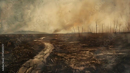 Aftermath of Deforestation A Desolate Oil Painting Landscape Portraying Environmental Deterioration