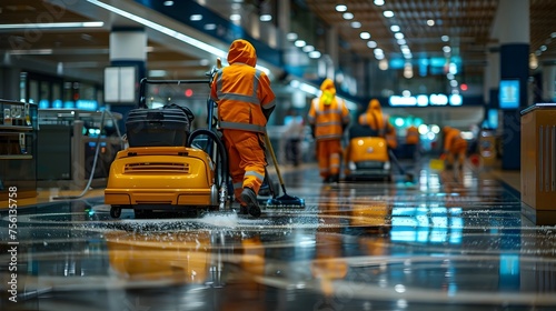 Airport Cleaning Crew in Action Focused Individuals Wielding Modern Equipment for Thorough Floor Cleaning