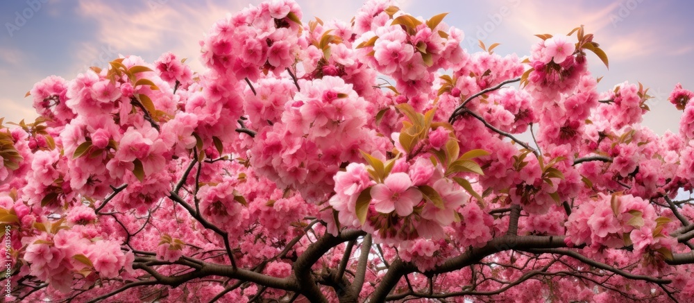 A close up of a flowering cherry blossom tree with pink petals against a vibrant blue sky, showcasing the beauty of natures pink floral display