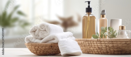 Spa products in a white basket on a wooden table in a bathroom.