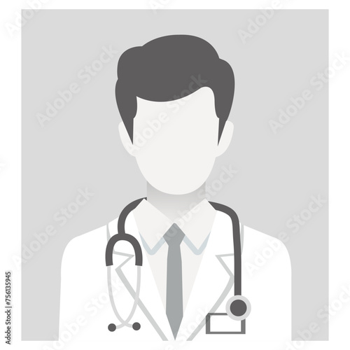 Default placeholder doctor portrait photo avatar on gray background. greyscale healthcare professional Avatar, health worker icon, male profile picture for unknown or anonymous individuals.