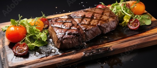 A steak is elegantly displayed on a wooden cutting board alongside fresh tomatoes and lettuce, creating a beautiful culinary composition that showcases the art of food presentation