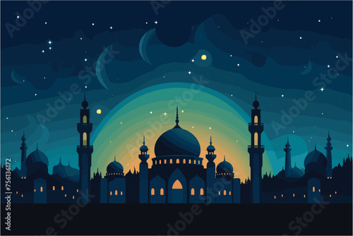 Mosque in night, Tall towers with decorative boarders with a colored background, Silhouette of a mosques