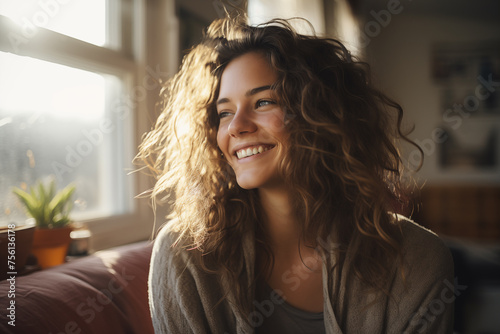 Free Download happy young woman sitting by the window at home in the morning - GFXLoad