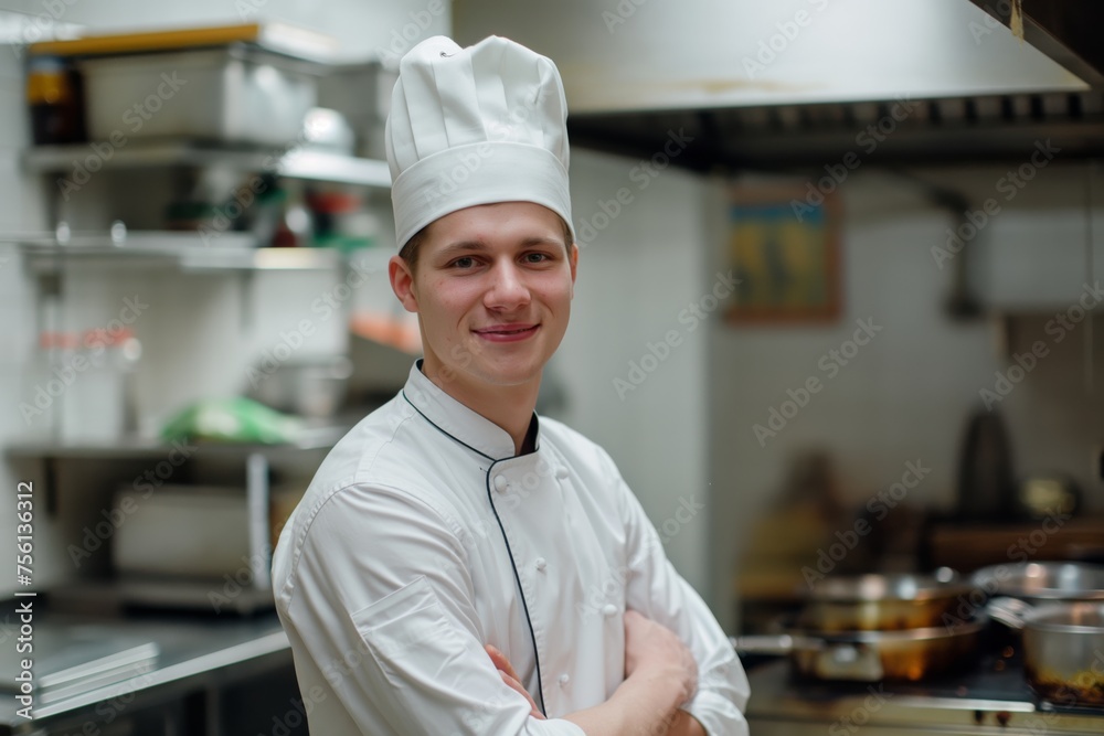 Professional male cook with arms crossed in the kitchen looking at camera.