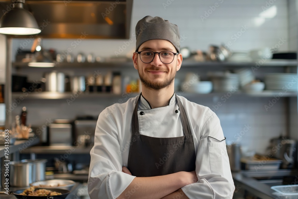Professional male cook with arms crossed in the kitchen looking at camera. Professional male cook with arms crossed in the kitchen looking at camera.