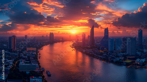Aerial view of Chao Phraya River at sunset, Bangkok, Thailand photo