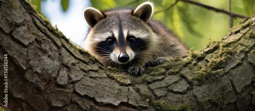 A carnivorous terrestrial animal, the raccoon, with fur, is perched on a tree branch in the jungle, looking directly at the camera