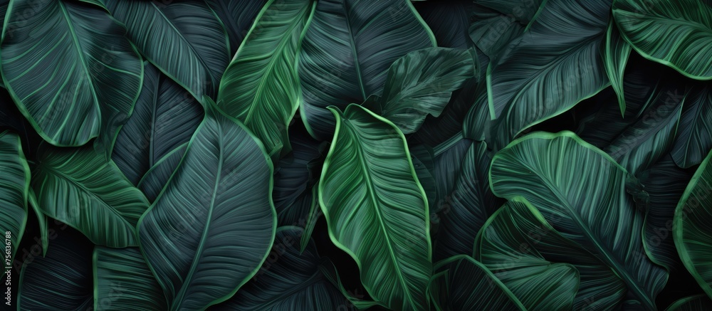 custom made wallpaper toronto digitalA closeup of lush green leaves from a terrestrial plant set against a dark background, showcasing the beauty of plant life in a mysterious and captivating way