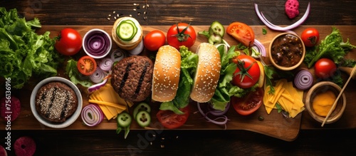 Wooden cutting board displaying hamburgers and vegetables, perfect for a finger food dish. A delicious combination of ingredients for a Californiainspired cuisine
