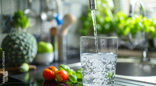 Close-up of a kitchen tap with clear water flowing into a glass, perfect for concepts related to hydration, cleanliness, or household water usage. Ample copy space available.