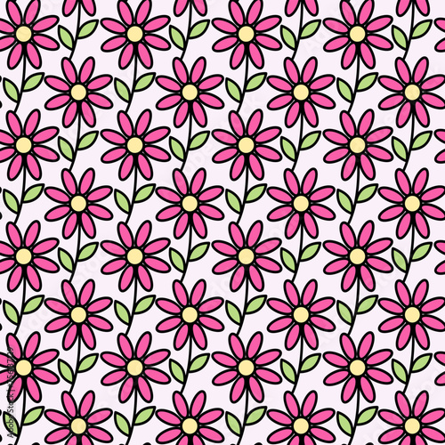 Seamless pattern of abstract colorful blooming flowers in trendy marker shades. Background texture