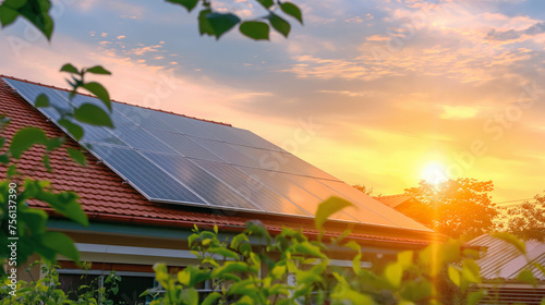 Panel solar energy photovoltaic power roof sun home cell system green house eco industry. Solar energy building panel future electric engineer technology ecology sunset nature station sky light work 
